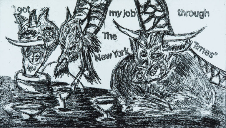 Grabado "Buscando trabajo" de Laban (Jorge Labandeira): dibujo a línea en negro de tres criaturas con cuernos y dientes bebiendo en una barra con copas, y la frase en inglés I got my job through The New York Times.
