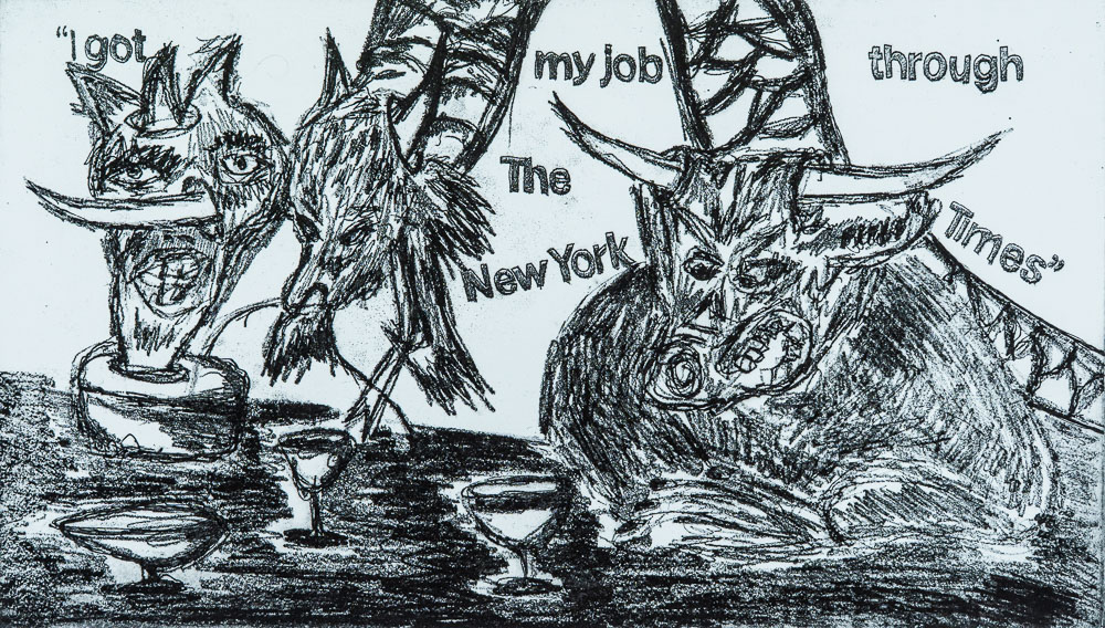 Grabado "Buscando trabajo" de Laban (Jorge Labandeira): dibujo a línea en negro de tres criaturas con cuernos y dientes bebiendo en una barra con copas, y la frase en inglés I got my job through The New York Times.