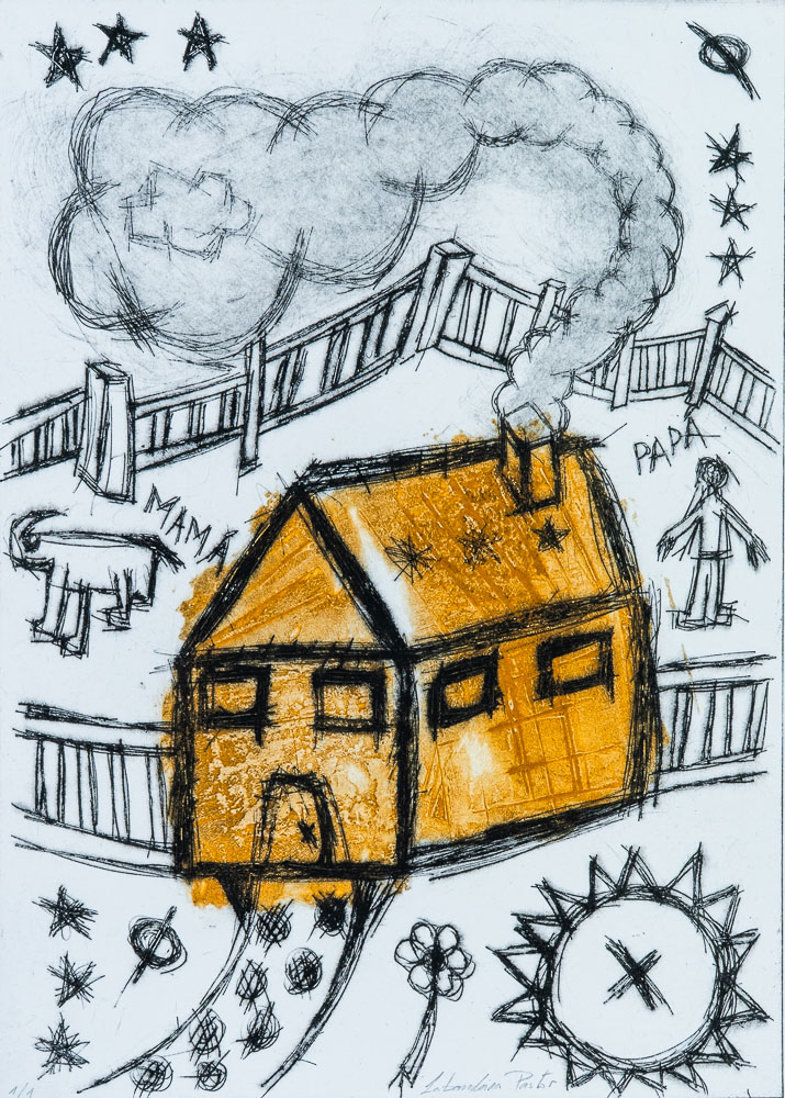 Grabado "Te dije que no me hables de tu vida!" de Laban (Jorge Labandeira): casa amarilla dibujada como un niño, con una chimenea que suelta una nube de humo, una valla, las palabras MAMÁ y PAPÁ, un sol y estrellas, en negro con la casa en amarillo.