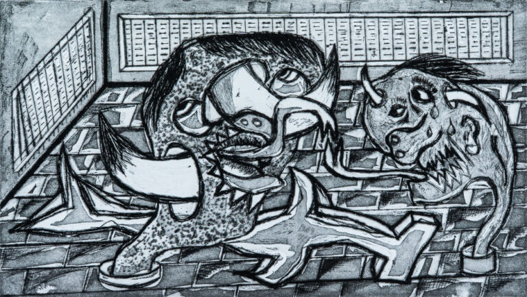 Grabado "Dame veneno" de Laban (Jorge Labandeira): dos criaturas de pelo revuelto se pelean en una habitación de baldosas con ventanas al fondo, en blanco y negro con texturas de aguatinta.