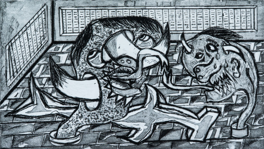 Grabado "Dame veneno" de Laban (Jorge Labandeira): dos criaturas de pelo revuelto se pelean en una habitación de baldosas con ventanas al fondo, en blanco y negro con texturas de aguatinta.