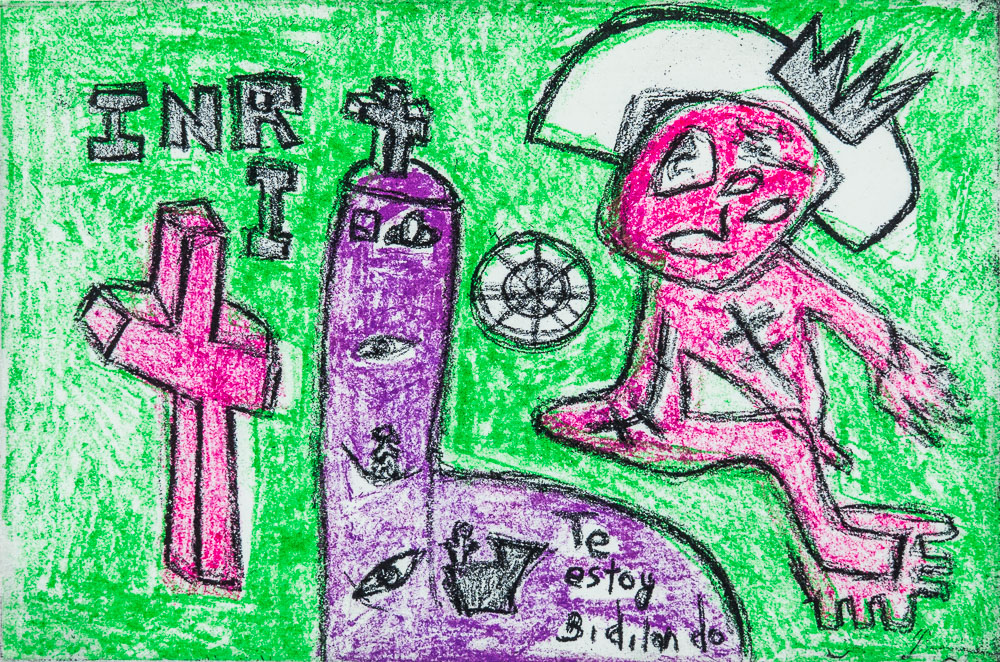 Grabado "Inri en la Plaza de Vigo" de Laban (Jorge Labandeira): dibujo de colores vivos sobre fondo verde: una cruz rosa, las letras INRI, una columna morada con ojos y un personaje rosa con corona; el texto te estoy vigilando.
