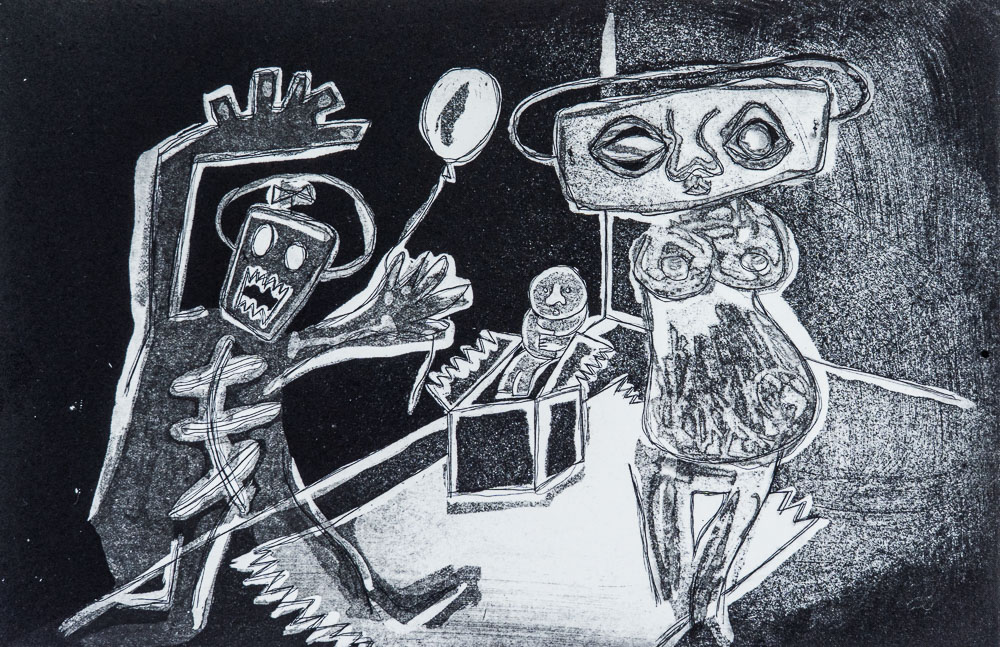 Grabado "Blanca Caridad me fue guiando" de Laban (Jorge Labandeira): dos figuras en blanco sobre negro: un esqueleto con corona y cara de dientes y una mujer con sombrero, entre un globo, una caja y una figura pequeña.