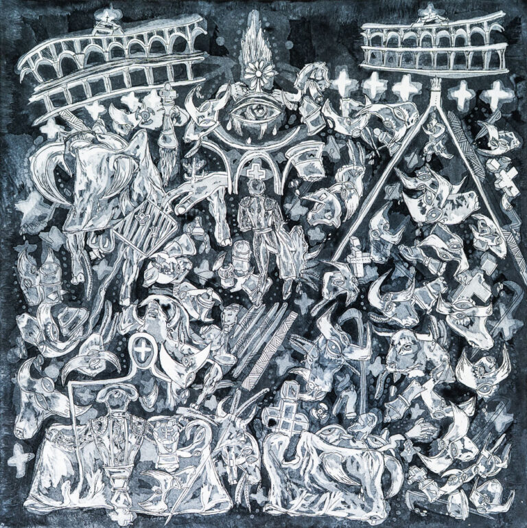 Grabado "Aun así saldré, aun así salió" de Laban (Jorge Labandeira): escena abarrotada en blanco y negro con dos coliseos o plazas arriba, cruces, figuras, caras y un ojo, dibujada con línea fina sobre fondo oscuro.