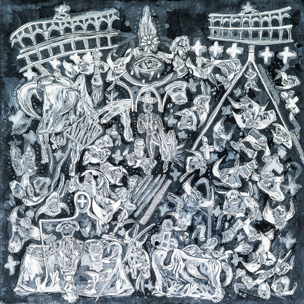 Grabado "Aun así saldré, aun así salió" de Laban (Jorge Labandeira): escena abarrotada en blanco y negro con dos coliseos o plazas arriba, cruces, figuras, caras y un ojo, dibujada con línea fina sobre fondo oscuro.