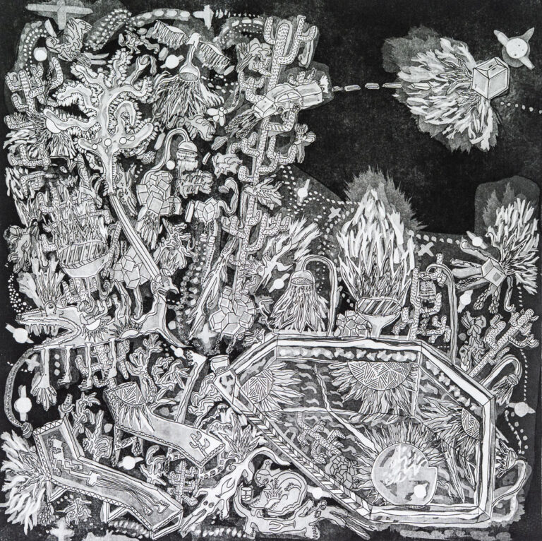 Grabado "El gazpacho se derretía y las moscas lo bebían" de Laban (Jorge Labandeira): composición muy detallada en blanco y negro con una mesa llena de objetos, plantas, figuras, un cohete y explosiones de líneas finas sobre fondo negro.