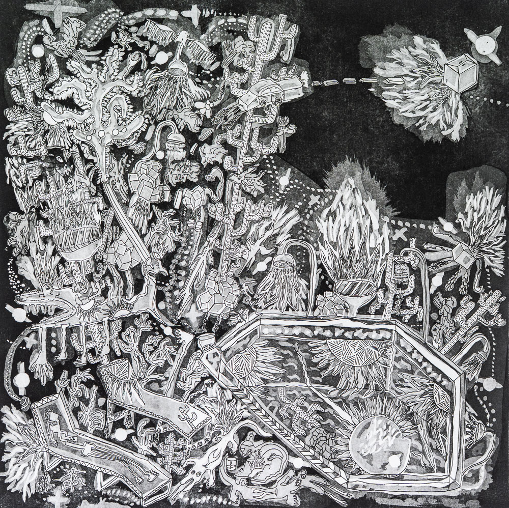Grabado "El gazpacho se derretía y las moscas lo bebían" de Laban (Jorge Labandeira): composición muy detallada en blanco y negro con una mesa llena de objetos, plantas, figuras, un cohete y explosiones de líneas finas sobre fondo negro.