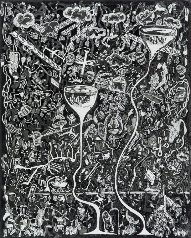 Grabado "En el funeral de papá todos beben vino" de Laban (Jorge Labandeira): composición muy densa en blanco y negro con dos copas de vino grandes, una con la palabra PAPÁ, y cientos de figuras, cruces y objetos pequeños.