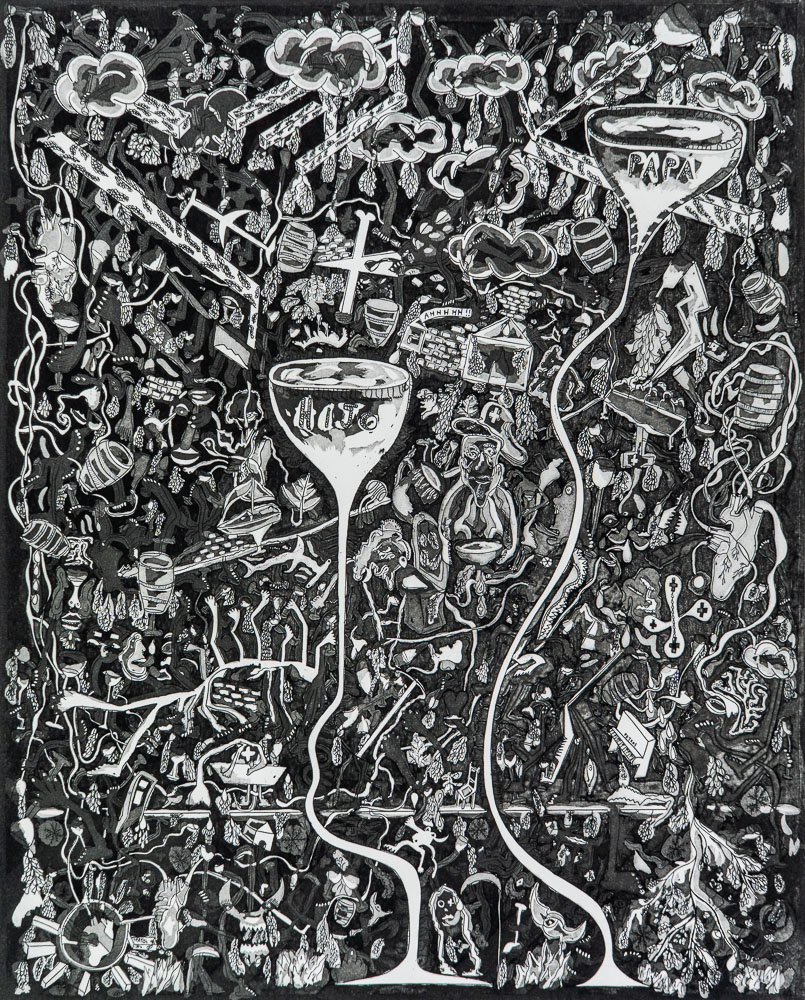 Grabado "En el funeral de papá todos beben vino" de Laban (Jorge Labandeira): composición muy densa en blanco y negro con dos copas de vino grandes, una con la palabra PAPÁ, y cientos de figuras, cruces y objetos pequeños.