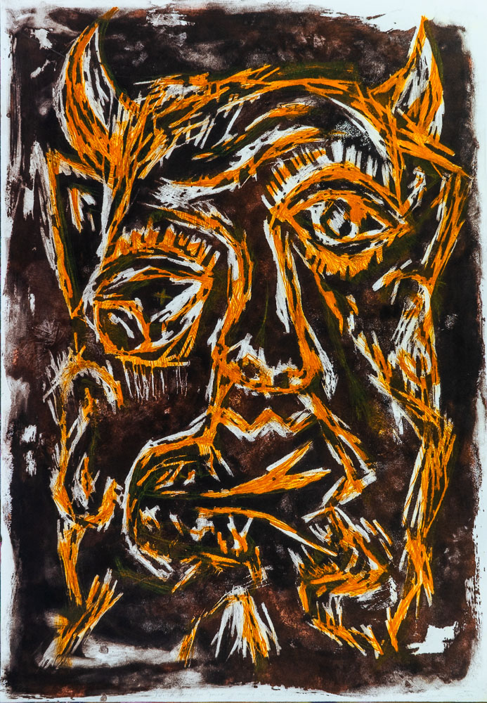 Grabado "Me llaman monstruo por ser feo" de Laban (Jorge Labandeira): cara de demonio con cuernos tallada en trazos naranjas sobre fondo negro, con la textura áspera del carborundum.