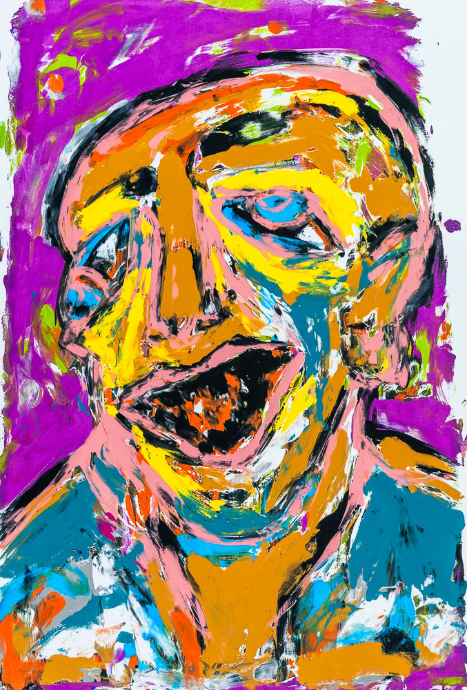 Grabado "Virulé" de Laban (Jorge Labandeira): cabeza de perfil con la boca abierta, pintada en amarillos, naranjas, rosas y azules sobre fondo magenta, con trazos de pintura suelta.