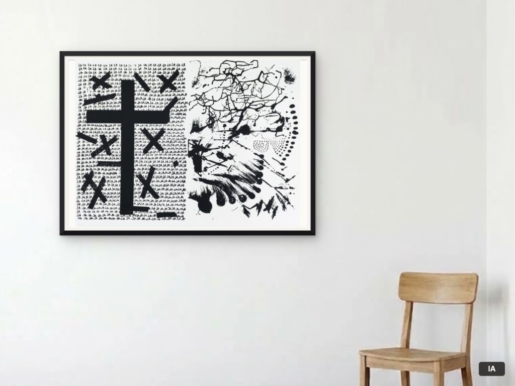 Simulación hecha con IA: «Y todo dejó de hacerme gracia» (papel 100 × 70 cm) con marco negro y paspartú, en una pared de 2,60 m junto a una silla, para hacerse una idea de las dimensiones.