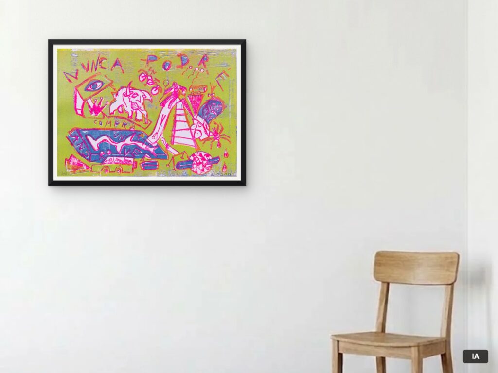 Simulación hecha con IA: «Nunca podré comprarte un Land Rover» (papel 70 × 50 cm) con marco negro y paspartú, en una pared de 2,60 m junto a una silla, para hacerse una idea de las dimensiones.