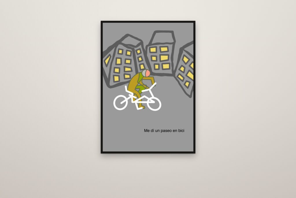 Un paseo en bici me sentará bien, enmarcada a sangre en una pared (montaje)