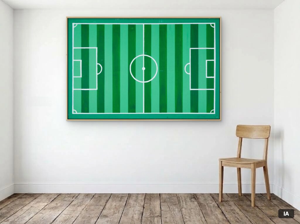 Simulación hecha con IA: «Campo de fútbol» (146 × 97 cm) con un marco fino de pino claro orientativo, colgado en una pared junto a una silla, para hacerse una idea de las dimensiones.