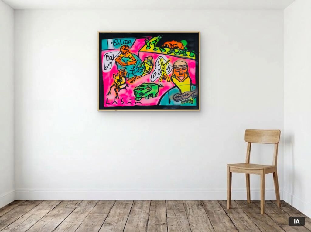 Simulación hecha con IA: «Alex Turner en Sifnos» (92 × 71 cm) con un marco fino de pino claro orientativo, colgado en una pared junto a una silla, para hacerse una idea de las dimensiones.