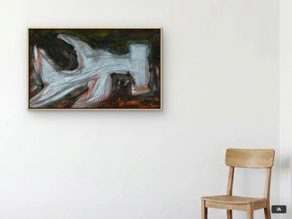 Simulación hecha con IA: «Tiburón isla» (88 × 53 cm) con marco de madera de pino, en una pared de 2,60 m junto a una silla, para hacerse una idea de las dimensiones.