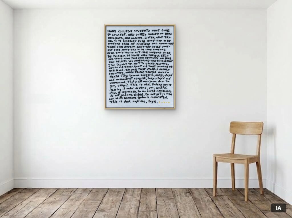 Simulación hecha con IA: «Be yourself and note thats good enought» (67 × 81 cm) con un marco fino de pino claro orientativo, colgado en una pared junto a una silla, para hacerse una idea de las dimensiones.