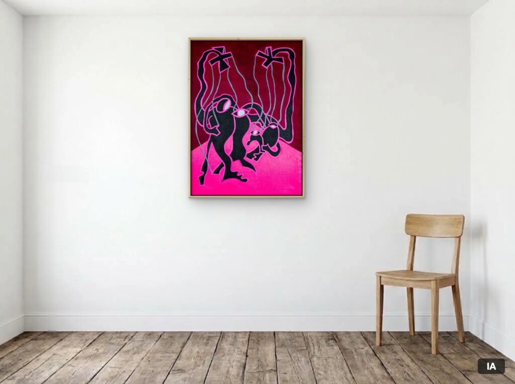 Simulación hecha con IA: «El cuadro del pasillo que a mama le daba miedo» (62 × 87 cm) con un marco fino de pino claro orientativo, colgado en una pared junto a una silla, para hacerse una idea de las dimensiones.